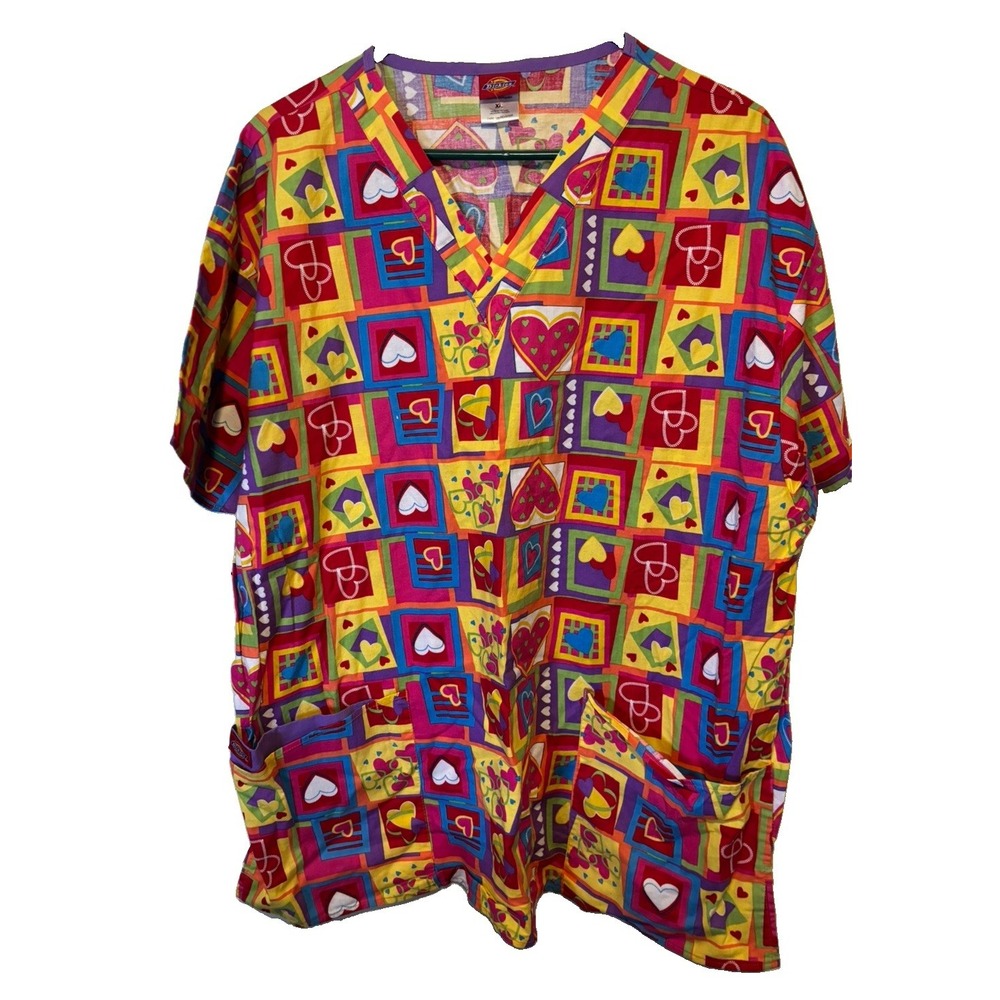 Dickies Womens Scrub Top Hearts Red Multi color XL